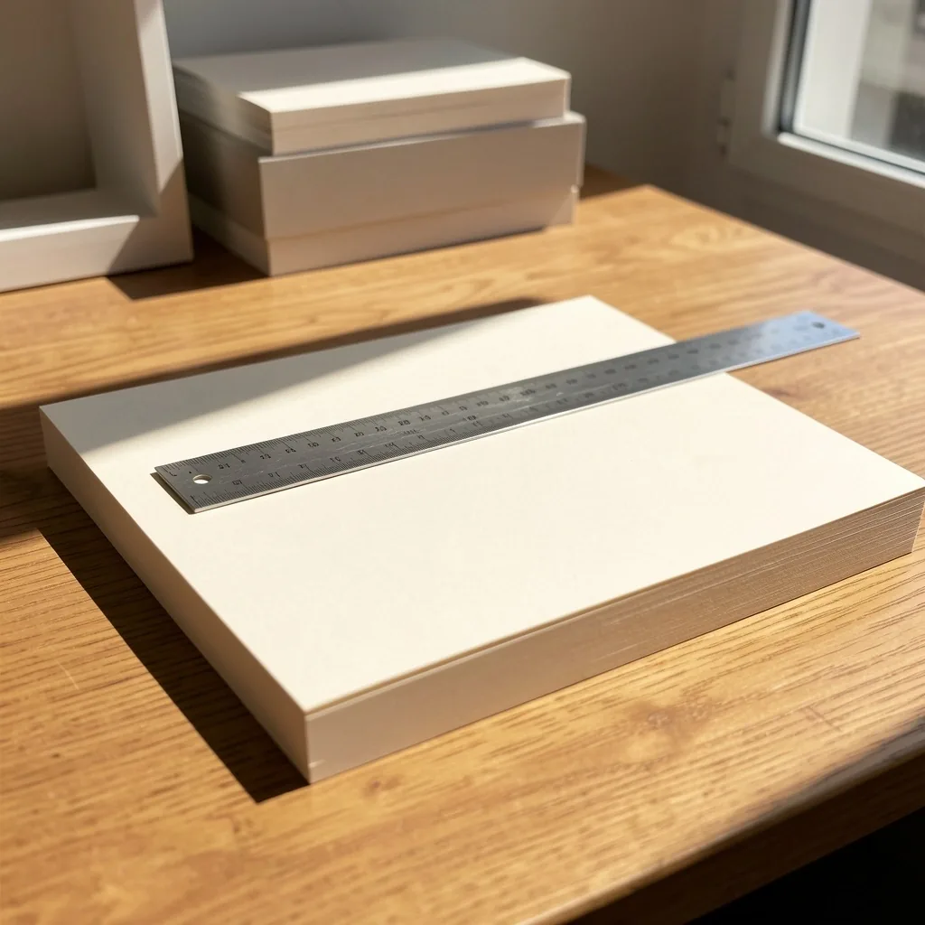 Regla de acero sobre papel grueso en una mesa de trabajo